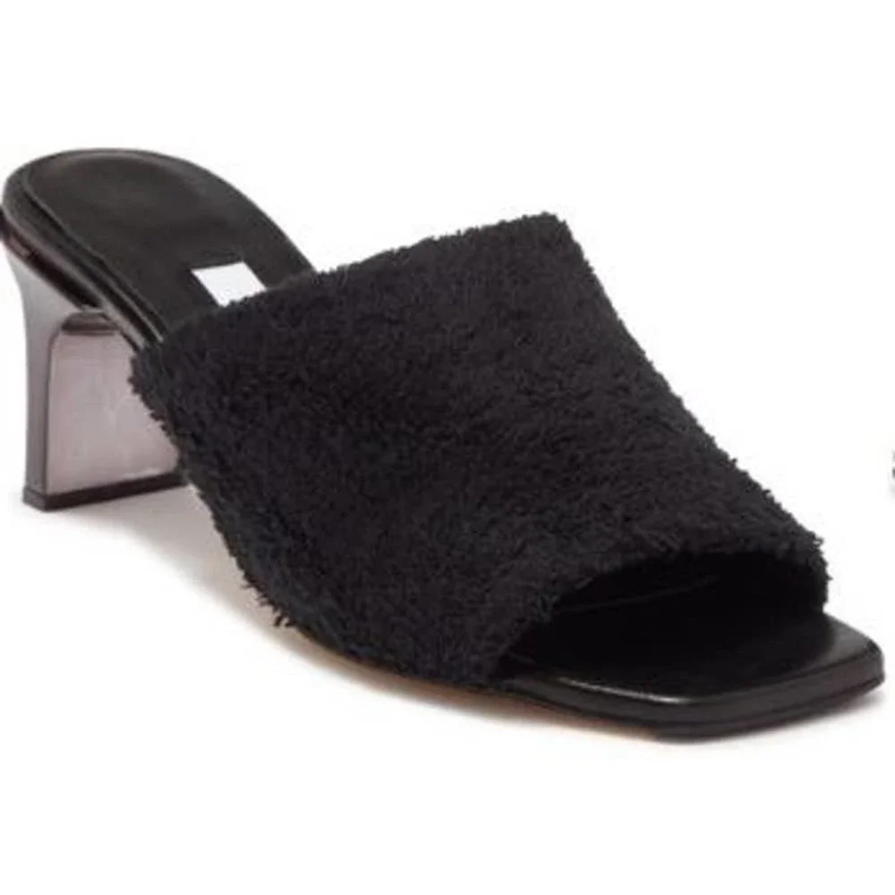 NWOB MIISTA London Wendy Black Towel Mule Sandals Size 37 Shoes Square Toe - Picture 1 of 11